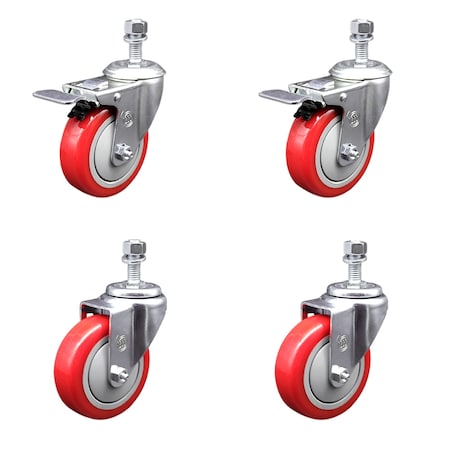 Service Caster 4 Inch SS Red Polyurethane 1/2 Inch Threaded Stem Caster Total Lock Brake, 2PK SSTSTTL20S414-PPUB-RED-121315-2-S-2